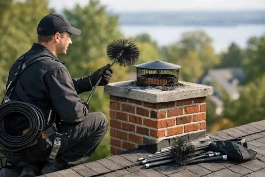 Chimney sweep preparing to brush a capped brick chimney above a residential neighborhood