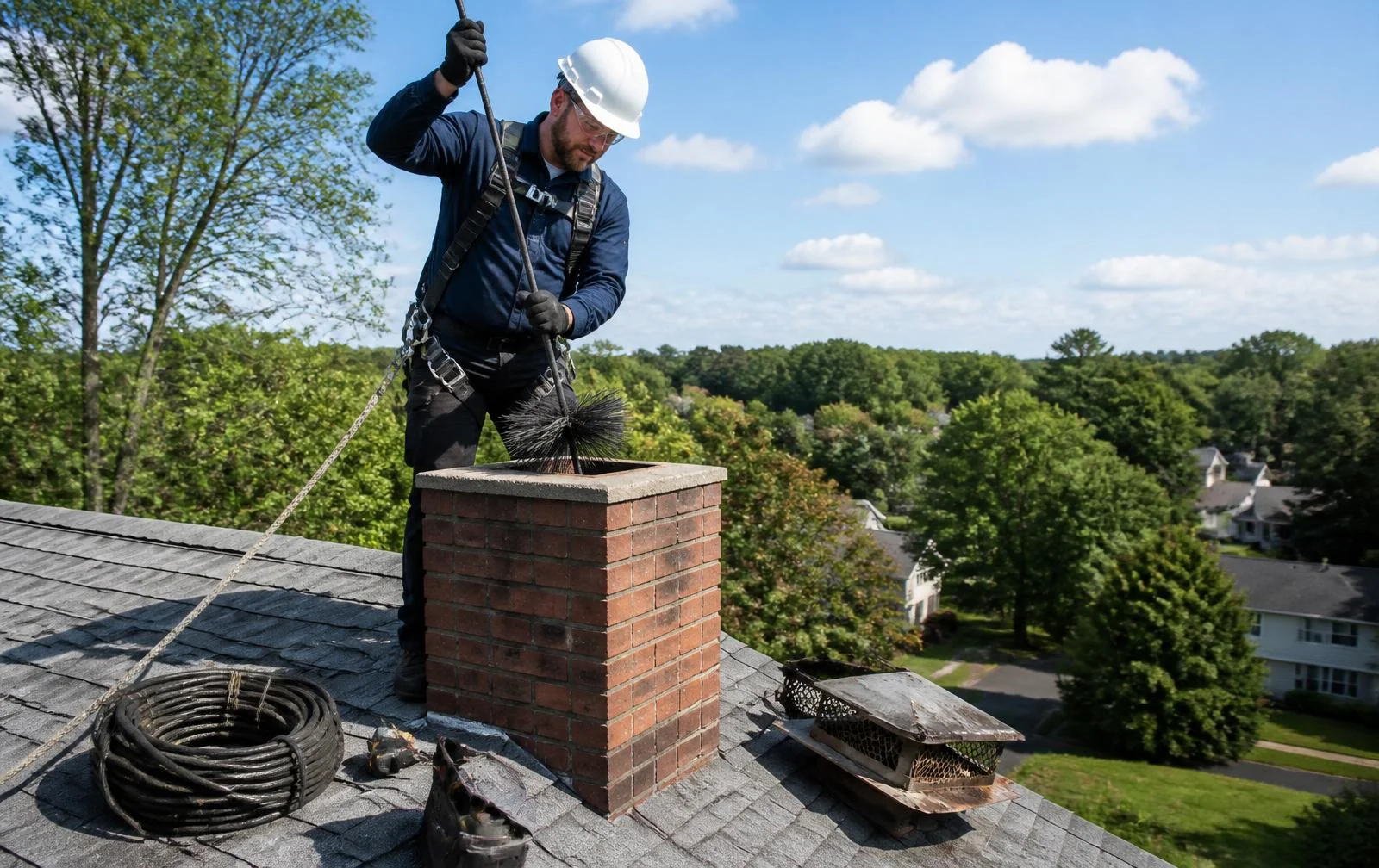 Chimney sweep brushing a residential brick chimney from the rooftop