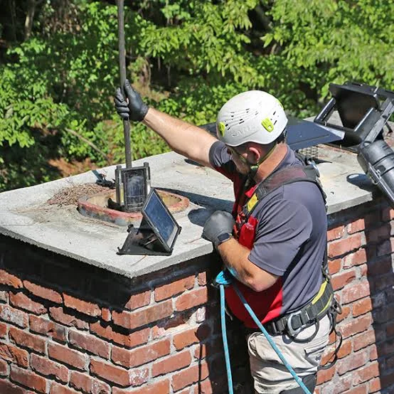 Rooftop chimney technician reviewing the flue with inspection equipment