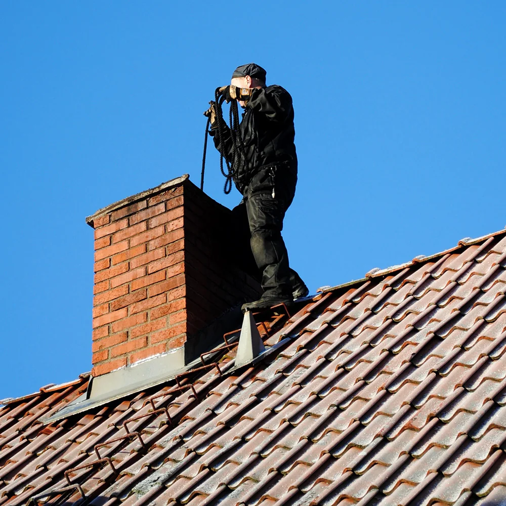Chimney professional inspecting a brick chimney from a tiled roof