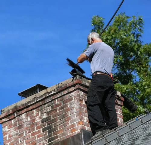 Chimney professional sweeping an older brick chimney from the roof