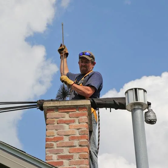 Chimney sweep holding a flue brush against a bright sky