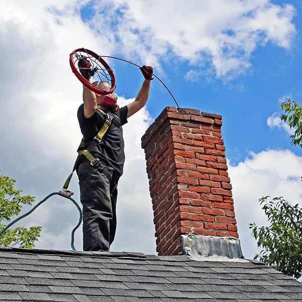 Technician guiding rotary chimney-cleaning equipment into a brick flue